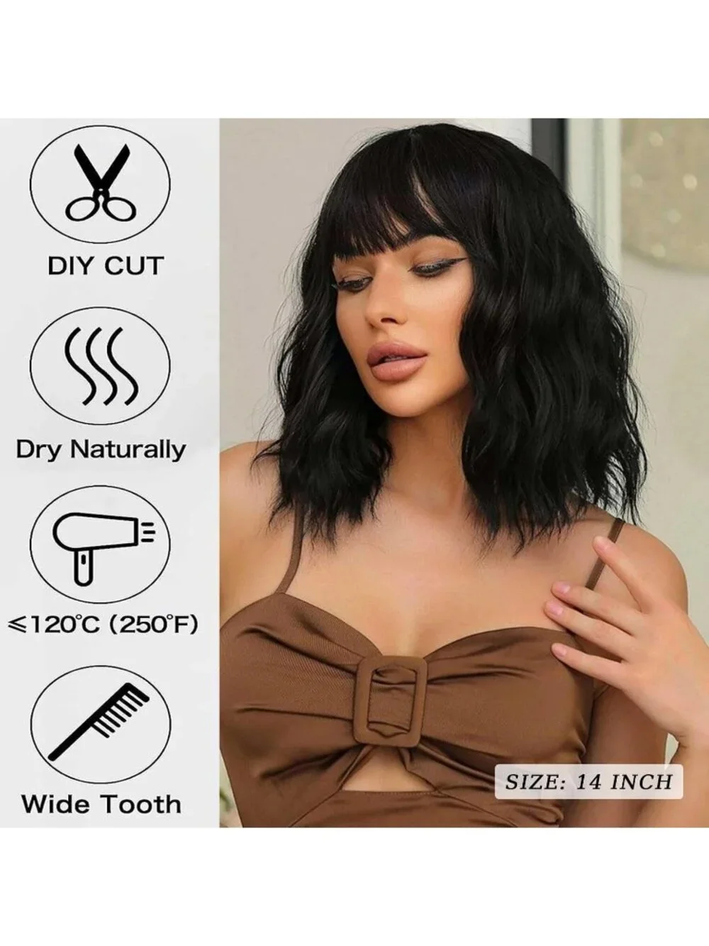 Women's Black 14 Inch Heat Resistant Short Bangs Bob Modern Wavy Wigs